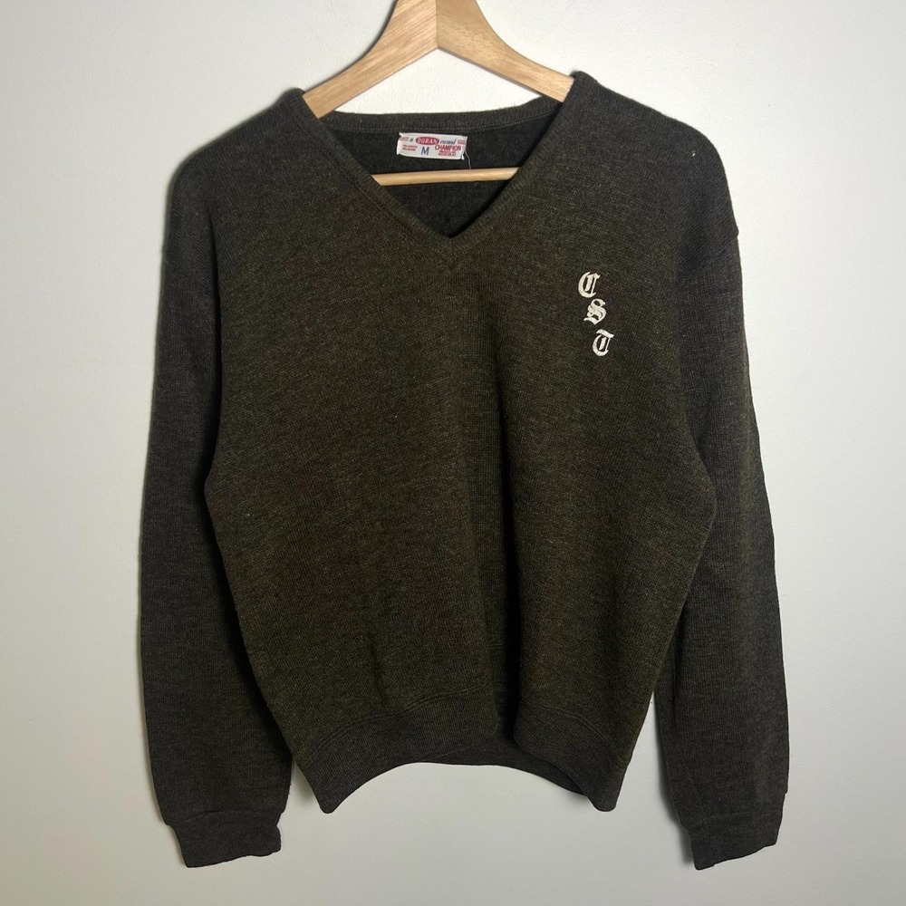 Vintage Champion Sweater Mens Medium Brown V Neck Knit Pullover CST 60s 70s